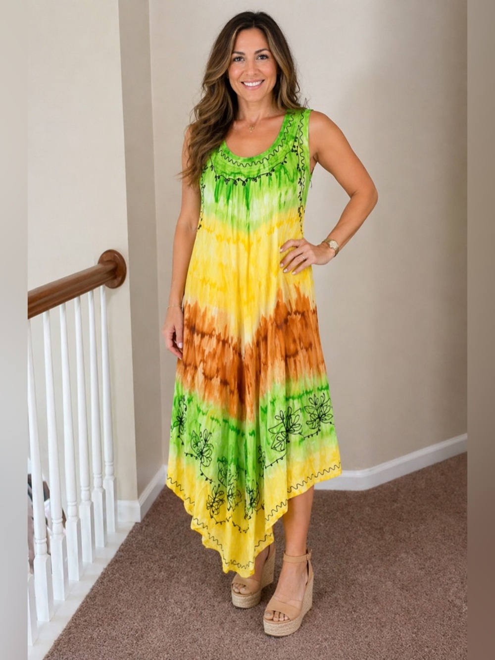 Sleeveless Tie-Dye Handkerchief Hem Dress in Green, Yellow & Brown